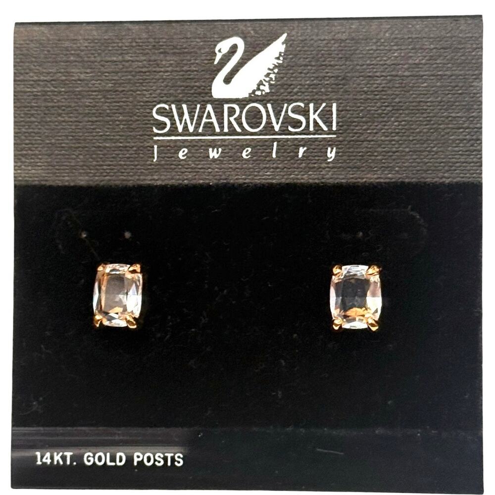 Swarovski Crystal 14k Gold Post Earrings Solitaire Emerald Cut Swan Signed New